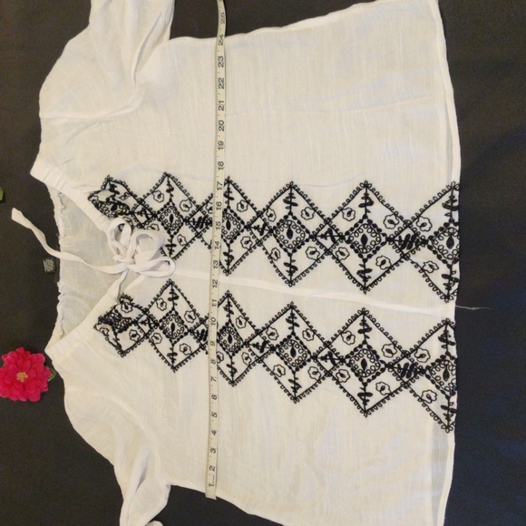 NYCC Semi-transparent white blouse with black embroidery on the front. - Picture 8 of 10